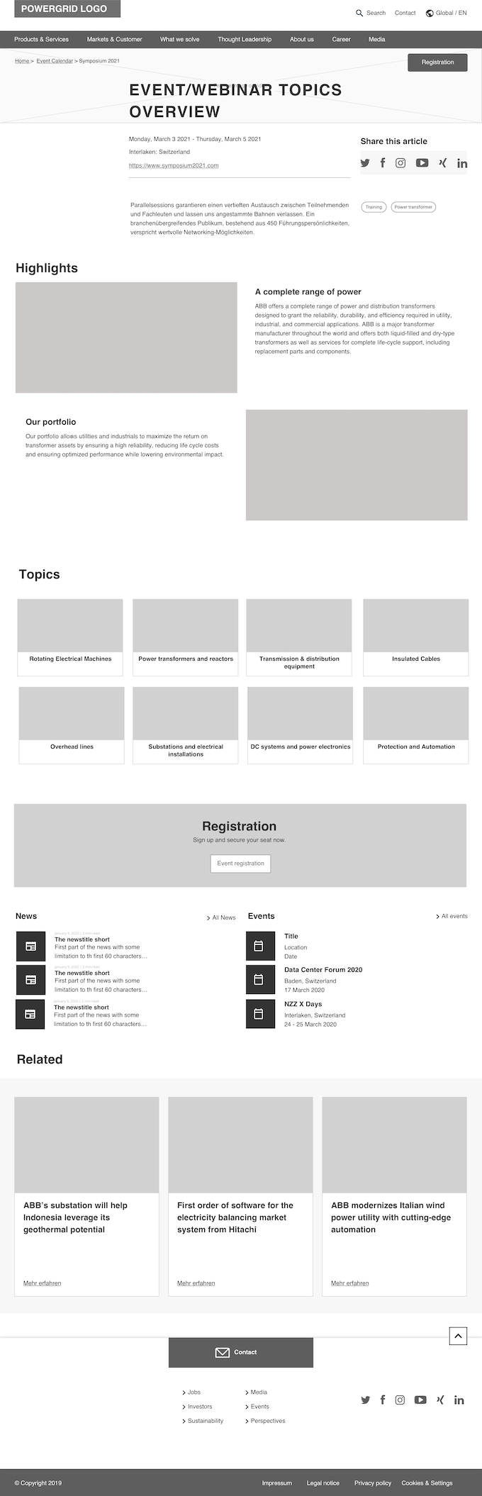Wireframe of an event page topics